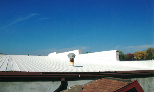 Photo from below showing the vibrant contrast between the roof and sky.